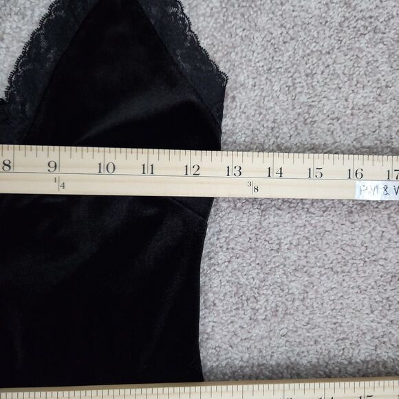 Forever 21 Black Velour Bodysuit with Deep V-Neck Lace, Cross Back Straps - Picture 9 of 11